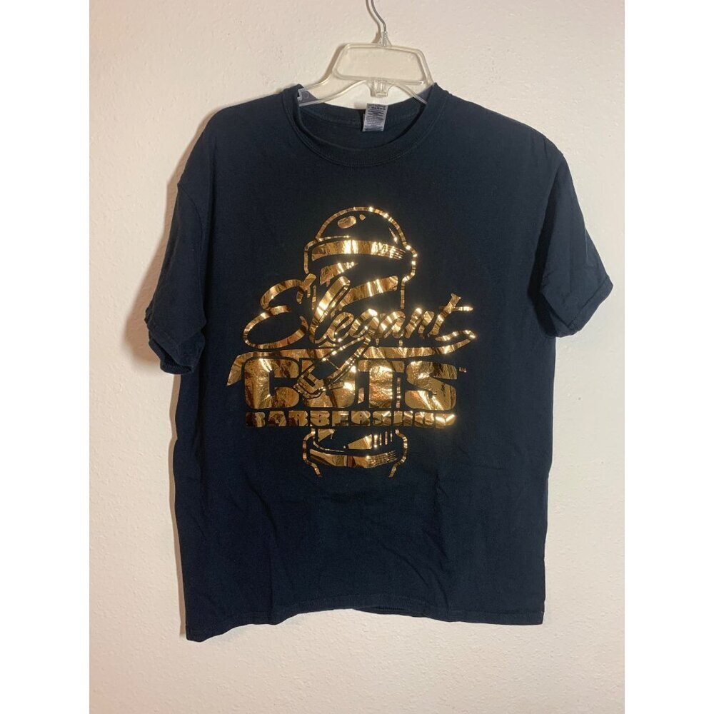 Gildan T-Shirt Metallic Gold Barbershop Y2K Casual Crew Black Men's Size Large